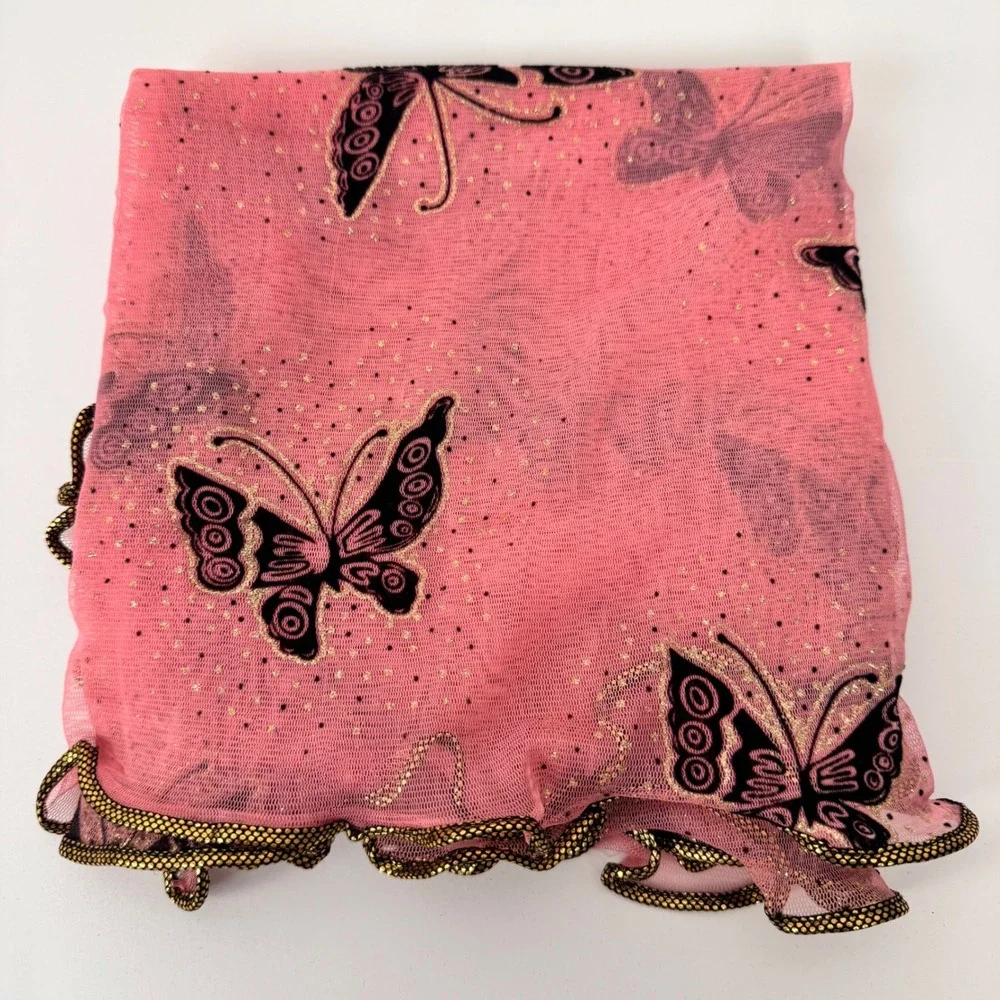 Butterfly Print Mesh Scarf Women OS Pink Sleeveless Glitter Lettuce Edge Sheer
